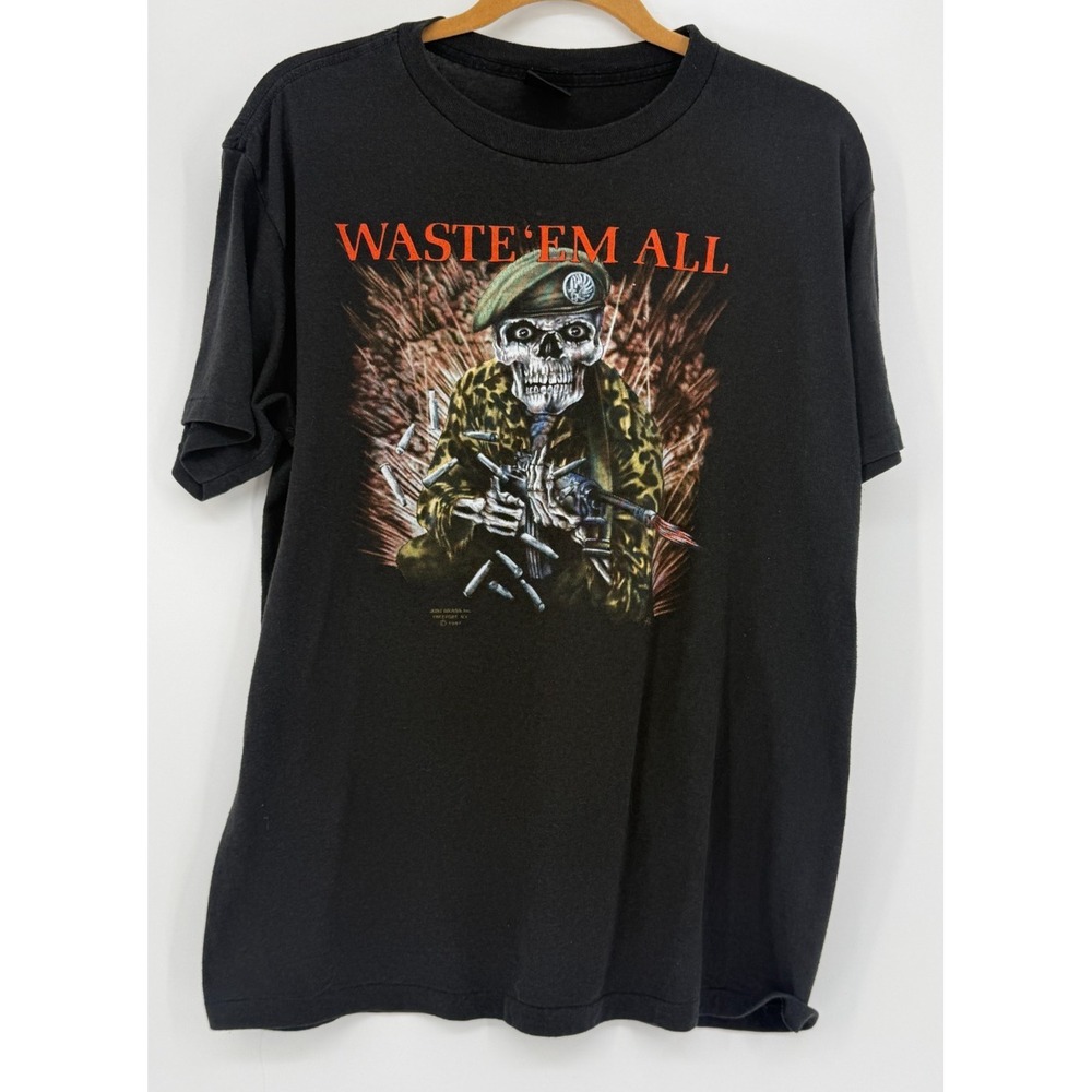 Vintage 3D Emblem Shirt Waste Em All Just Brass Inc Freeport New York 1987 Large